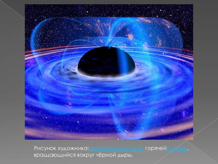 Рисунок художника:аккреционный диск горячейплазмы, вращающийся вокруг чёрной дыры.