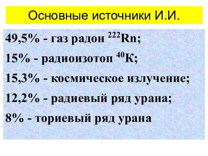 Основные источники И.И. 49,5% - газ радон 222Rn; 15% - радиоизотоп