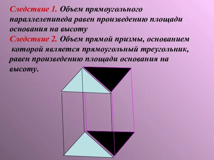 Следствие 1. Объем прямоугольного параллелепипеда равен произведению площади основания на высоту