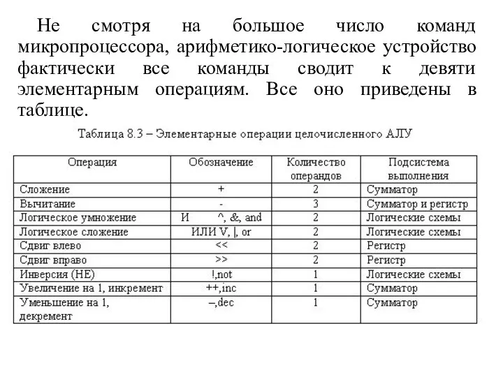 Не смотря на большое число команд микропроцессора, арифметико-логическое устройство фактически все