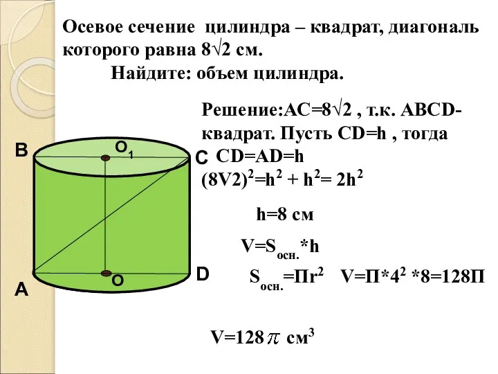 Осевое сечение цилиндра – квадрат, диагональ которого равна 8√2 см. Найдите: