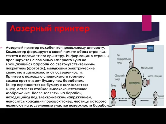 Лазерный принтер Лазерный принтер подобен копировальному аппарату. Компьютер формирует в своей