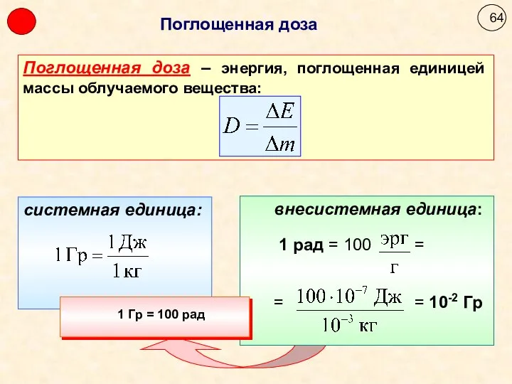 Поглощенная доза 1 Гр = 100 рад