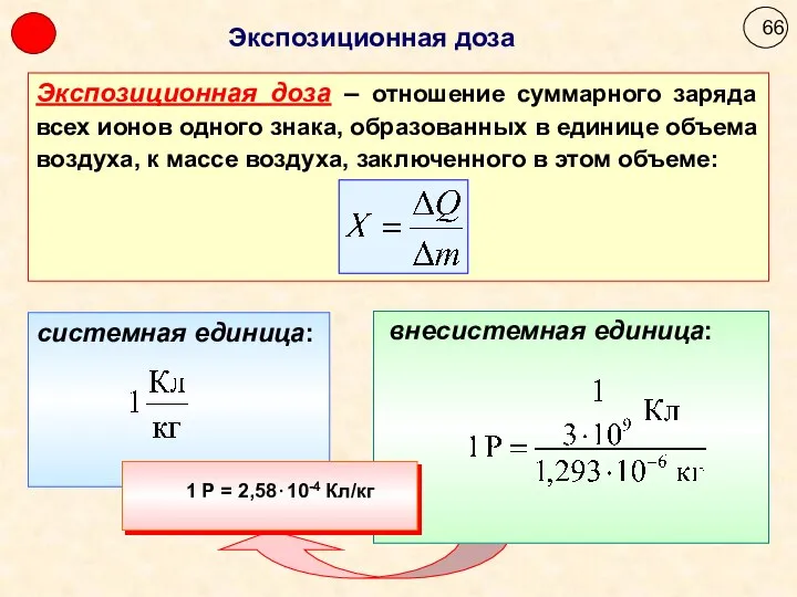 Экспозиционная доза 1 Р = 2,58⋅10-4 Кл/кг