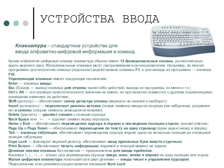 УСТРОЙСТВА ВВОДА Клавиатура – стандартное устройство для ввода алфавитно-цифровой информации и