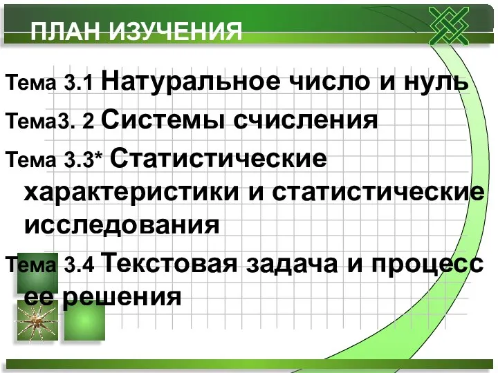 ПЛАН ИЗУЧЕНИЯ Тема 3.1 Натуральное число и нуль Тема3. 2 Системы