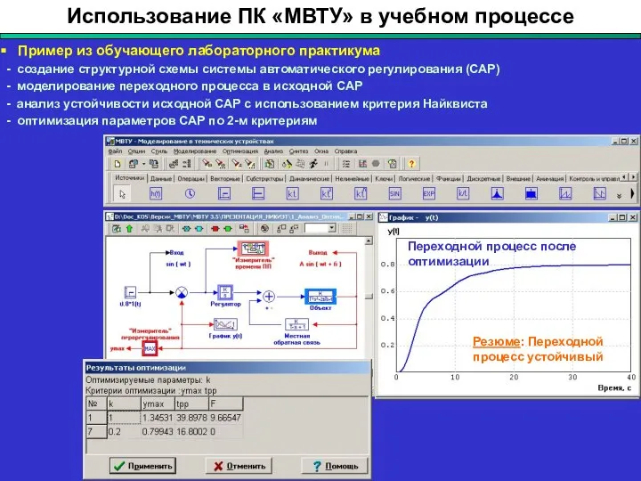 Использование ПК «МВТУ» в учебном процессе Пример из обучающего лабораторного практикума