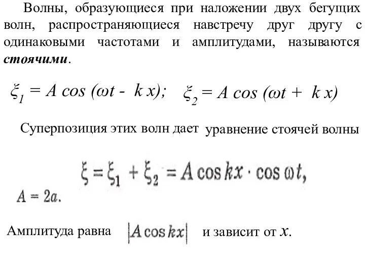 Суперпозиция этих волн дает уравнение стоячей волны Амплитуда равна и зависит