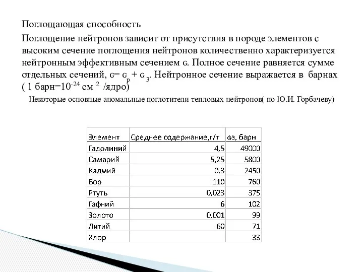 Поглощающая способность Поглощение нейтронов зависит от присутствия в породе элементов с