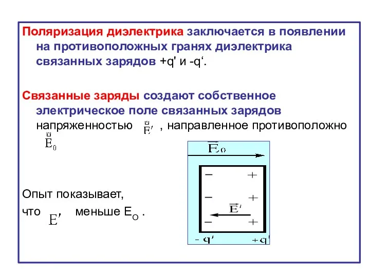 Поляризация диэлектрика заключается в появлении на противоположных гранях диэлектрика связанных зарядов