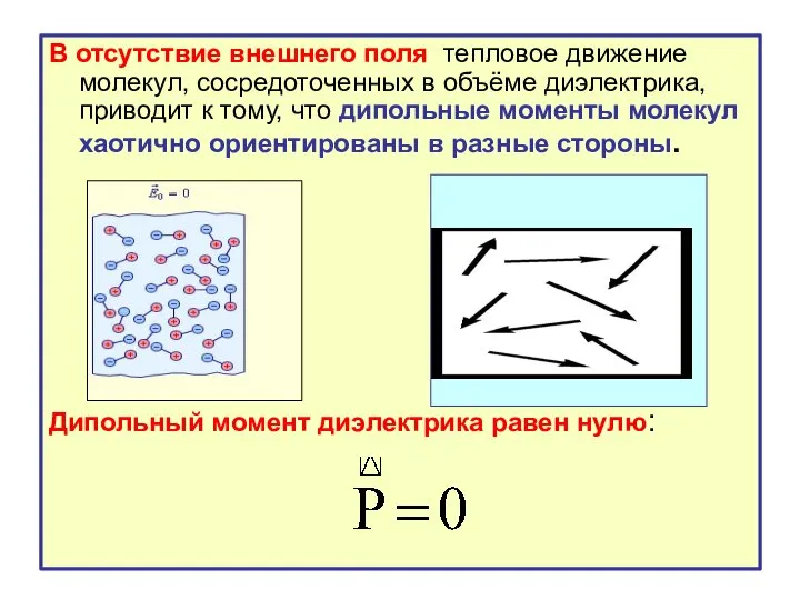 В отсутствие внешнего поля тепловое движение молекул, сосредоточенных в объёме диэлектрика,