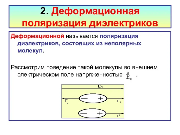 2. Деформационная поляризация диэлектриков Деформационной называется поляризация диэлектриков, состоящих из неполярных