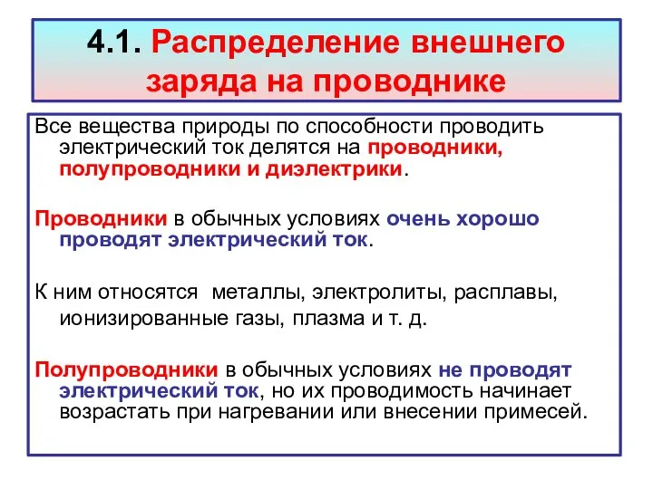 4.1. Распределение внешнего заряда на проводнике Все вещества природы по способности