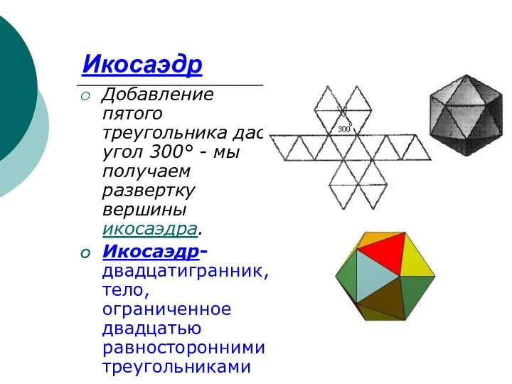 Икосаэдр Добавление пятого треугольника даст угол 300° - мы получаем развертку