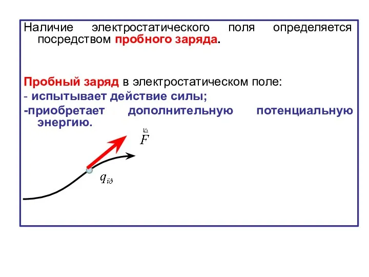 Наличие электростатического поля определяется посредством пробного заряда. Пробный заряд в электростатическом