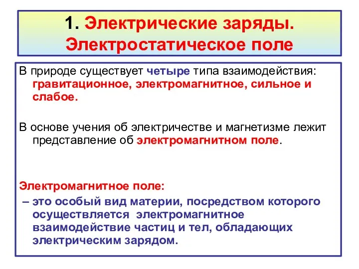 1. Электрические заряды. Электростатическое поле В природе существует четыре типа взаимодействия: