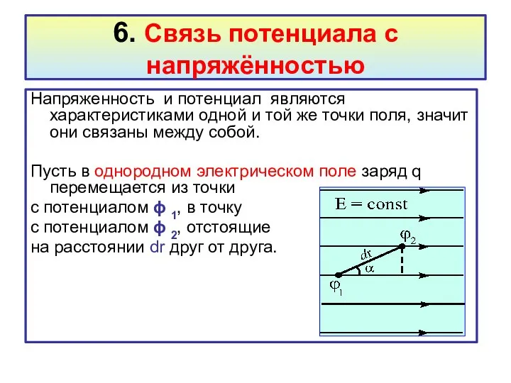 6. Связь потенциала с напряжённостью Напряженность и потенциал являются характеристиками одной