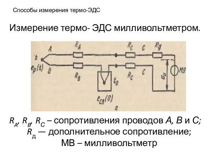 Способы измерения термо-ЭДС Измерение термо- ЭДС милливольтметром. RA, RB, RС –