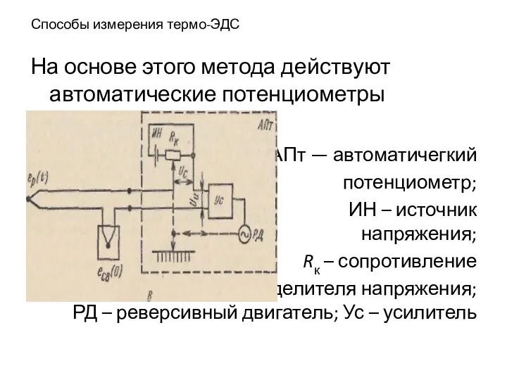 Способы измерения термо-ЭДС На основе этого метода действуют автоматические потенциометры АПт