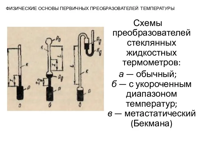 ФИЗИЧЕСКИЕ ОСНОВЫ ПЕРВИЧНЫХ ПРЕОБРАЗОВАТЕЛЕЙ ТЕМПЕРАТУРЫ Схемы преобразователей стеклянных жидкостных термометров: а