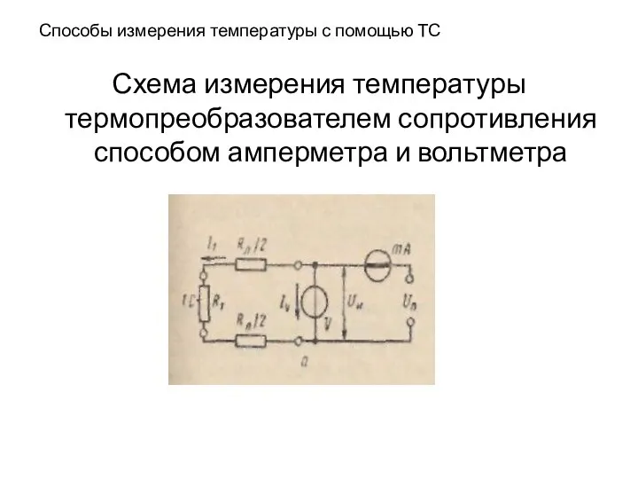 Способы измерения температуры с помощью ТС Схема измерения температуры термопреобразователем сопротивления способом амперметра и вольтметра