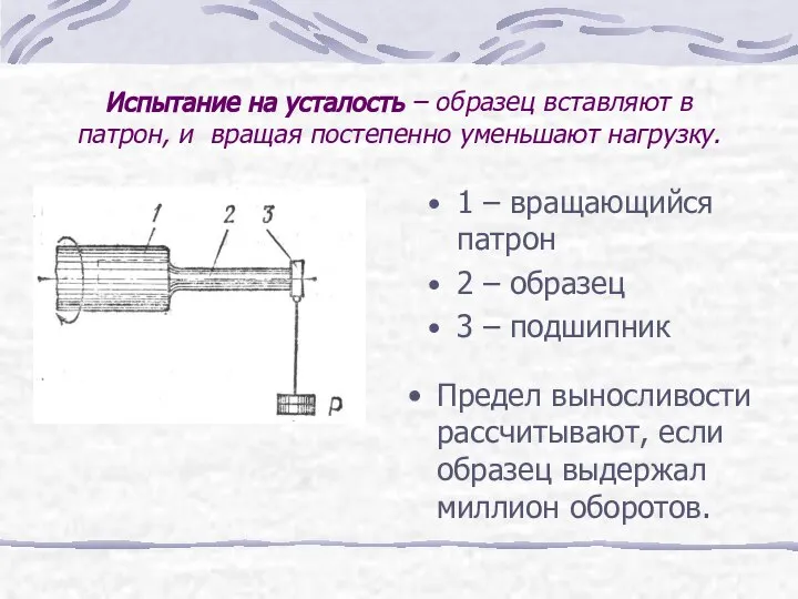 Испытание на усталость – образец вставляют в патрон, и вращая постепенно