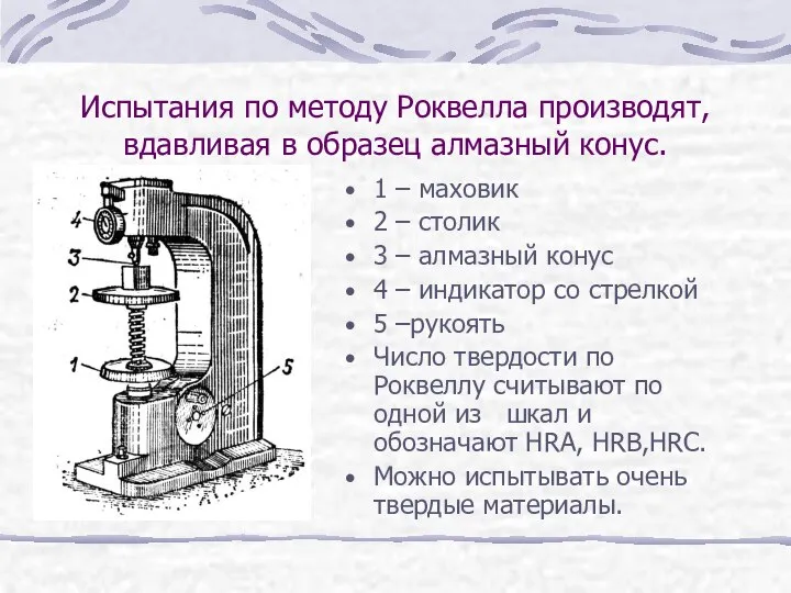 Испытания по методу Роквелла производят, вдавливая в образец алмазный конус. 1