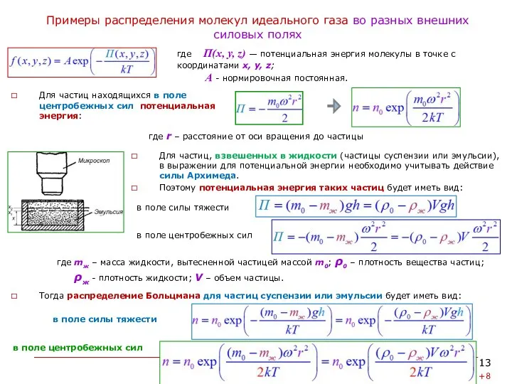 Примеры распределения молекул идеального газа во разных внешних силовых полях Для