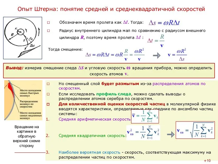 Опыт Штерна: понятие средней и среднеквадратичной скоростей Обозначим время пролета как