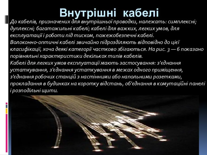 Внутрішні кабелі До кабелів, призначених для внутрішньої проводки, належать: симплексні; дуплексні;