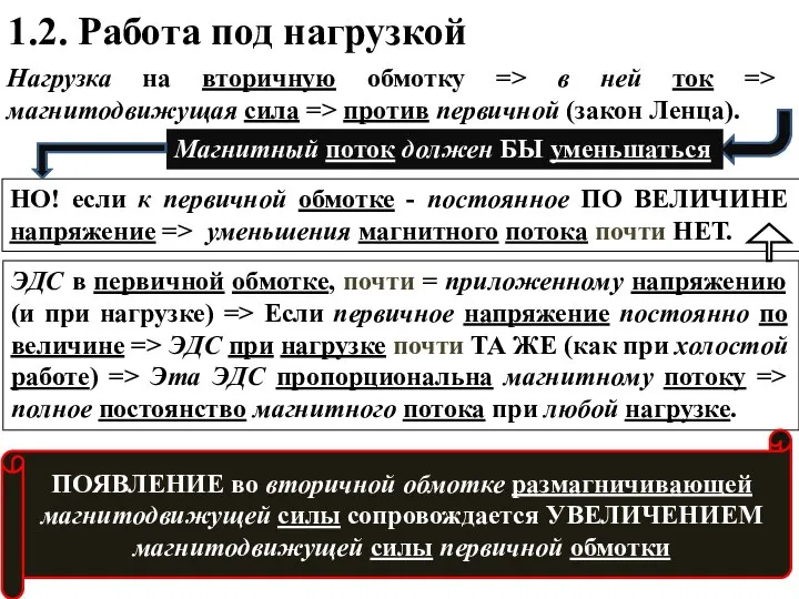 1.2. Работа под нагрузкой Нагрузка на вторичную обмотку => в ней