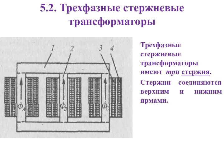 5.2. Трехфазные стержневые трансформаторы Трехфазные стержневые трансформаторы имеют три стержня. Стержни соединяются верхним и нижним ярмами.