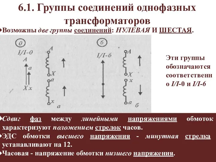 6.1. Группы соединений однофазных трансформаторов Возможны две группы соединений: НУЛЕВАЯ И