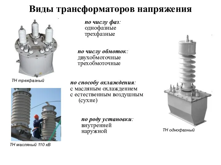 Виды трансформаторов напряжения по числу фаз: однофазные трехфазные по числу обмоток: