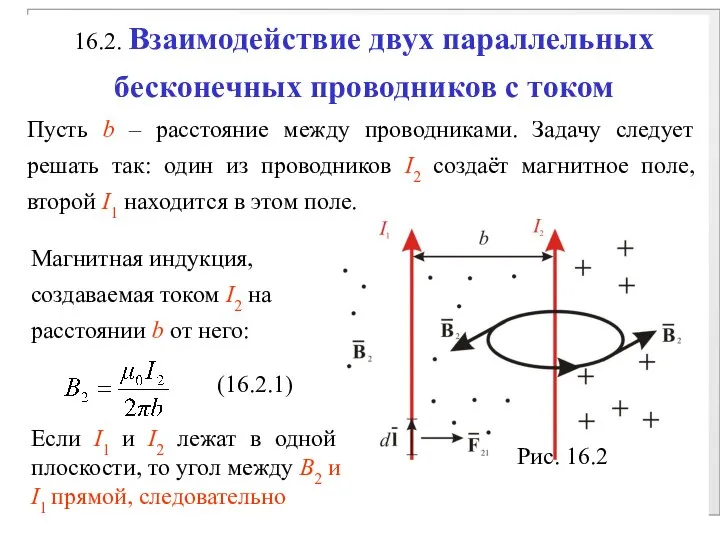 16.2. Взаимодействие двух параллельных бесконечных проводников с током Пусть b –