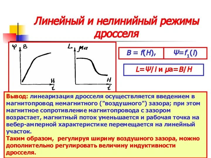 Линейный и нелинийный режимы дросселя B = f(H), Ψ=f1(i) L=Ψ/i и