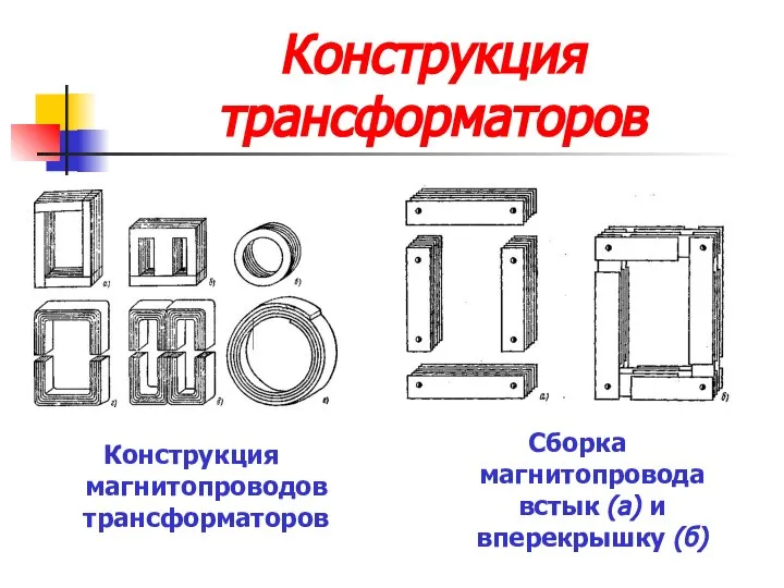 Конструкция трансформаторов Конструкция магнитопроводов трансформаторов Сборка магнитопровода встык (а) и вперекрышку (б)