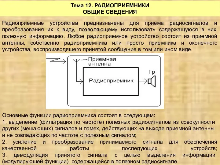 Тема 12. РАДИОПРИЕМНИКИ ОБЩИЕ СВЕДЕНИЯ Радиоприемные устройства предназначены для приема радиосигналов