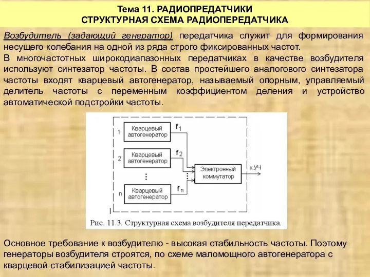 Тема 11. РАДИОПРЕДАТЧИКИ СТРУКТУРНАЯ СХЕМА РАДИОПЕРЕДАТЧИКА Возбудитель (задающий генератор) передатчика служит