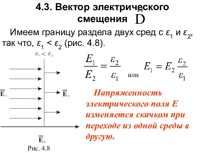 4.3. Вектор электрического смещения Имеем границу раздела двух сред с ε1