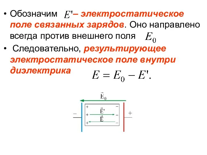 Обозначим – электростатическое поле связанных зарядов. Оно направлено всегда против внешнего