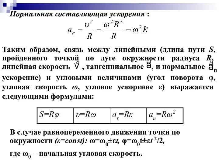 В случае равнопеременного движения точки по окружности (ε=const): ω=ω0±εt, φ=ω0t±εt 2/2,