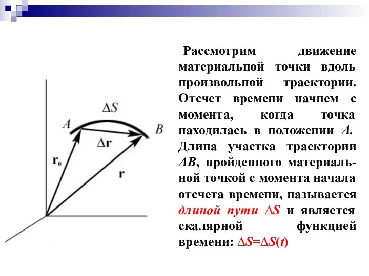 Рассмотрим движение материальной точки вдоль произвольной траектории. Отсчет времени начнем с