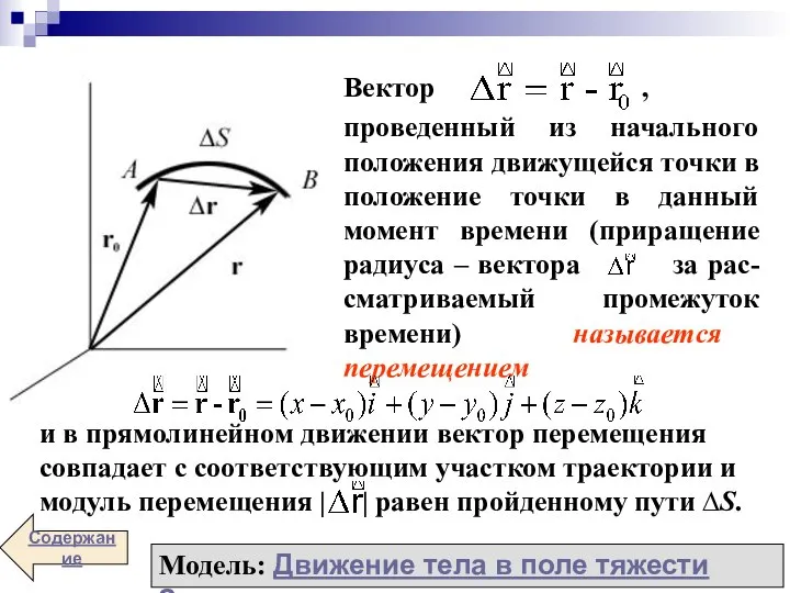 Модель: Движение тела в поле тяжести Земли Содержание