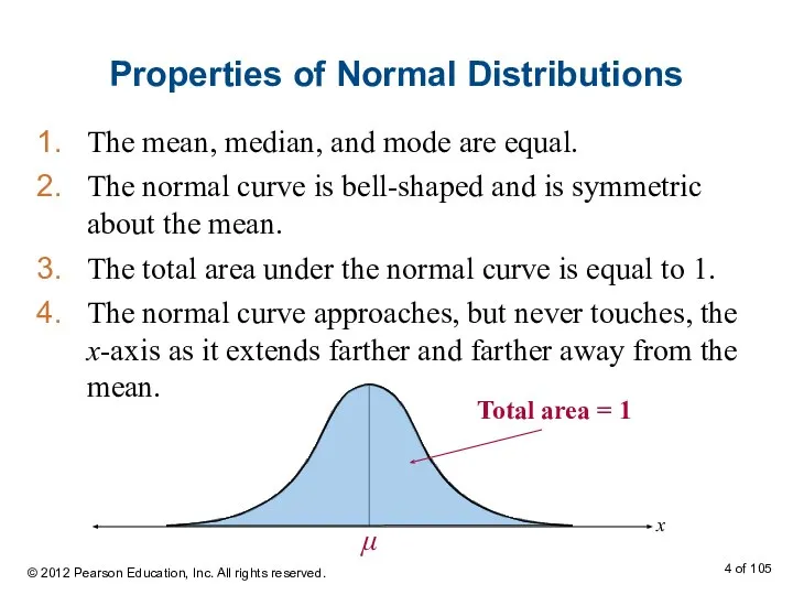 Properties of Normal Distributions The mean, median, and mode are equal.