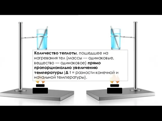 Количество теплоты, пошедшее на нагревания тел (массы — одинаковые, вещество —