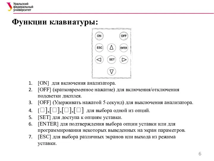 Функции клавиатуры: [ON] для включения анализатора. [OFF] (кратковременное нажатие) для включения/отключения