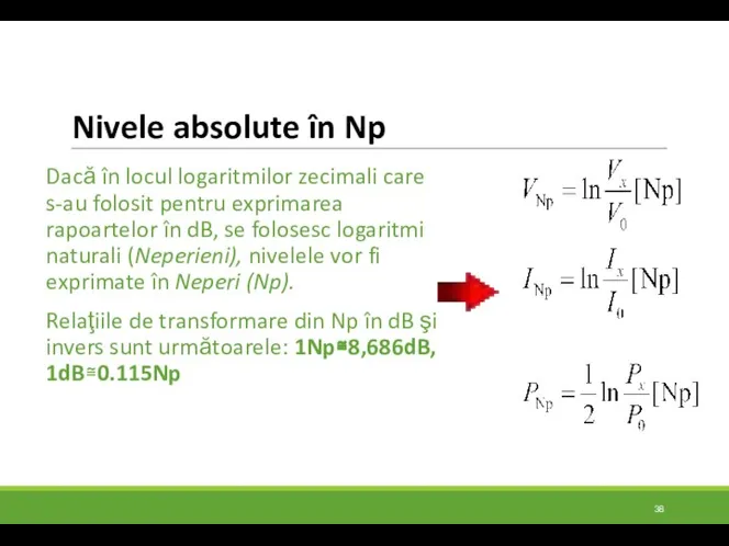 Nivele absolute în Np Dacă în locul logaritmilor zecimali care s-au