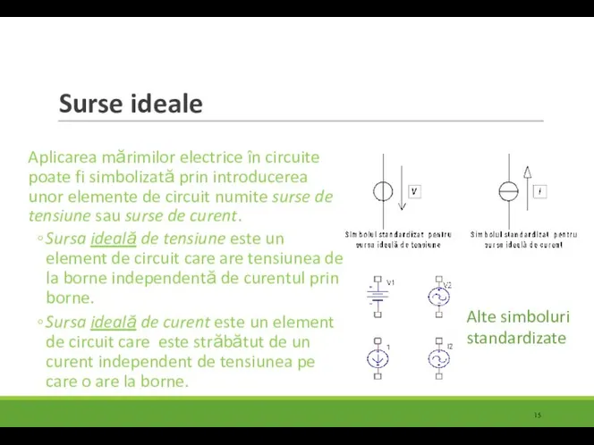 Surse ideale Aplicarea mărimilor electrice în circuite poate fi simbolizată prin