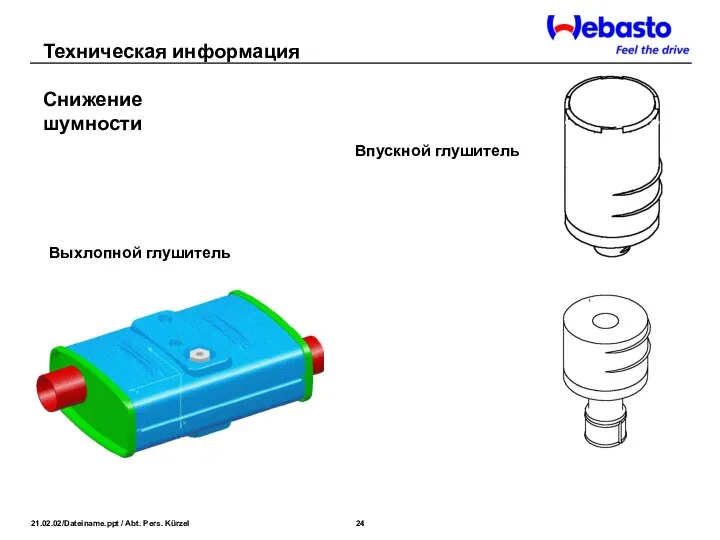 Снижение шумности Впускной глушитель Выхлопной глушитель Техническая информация